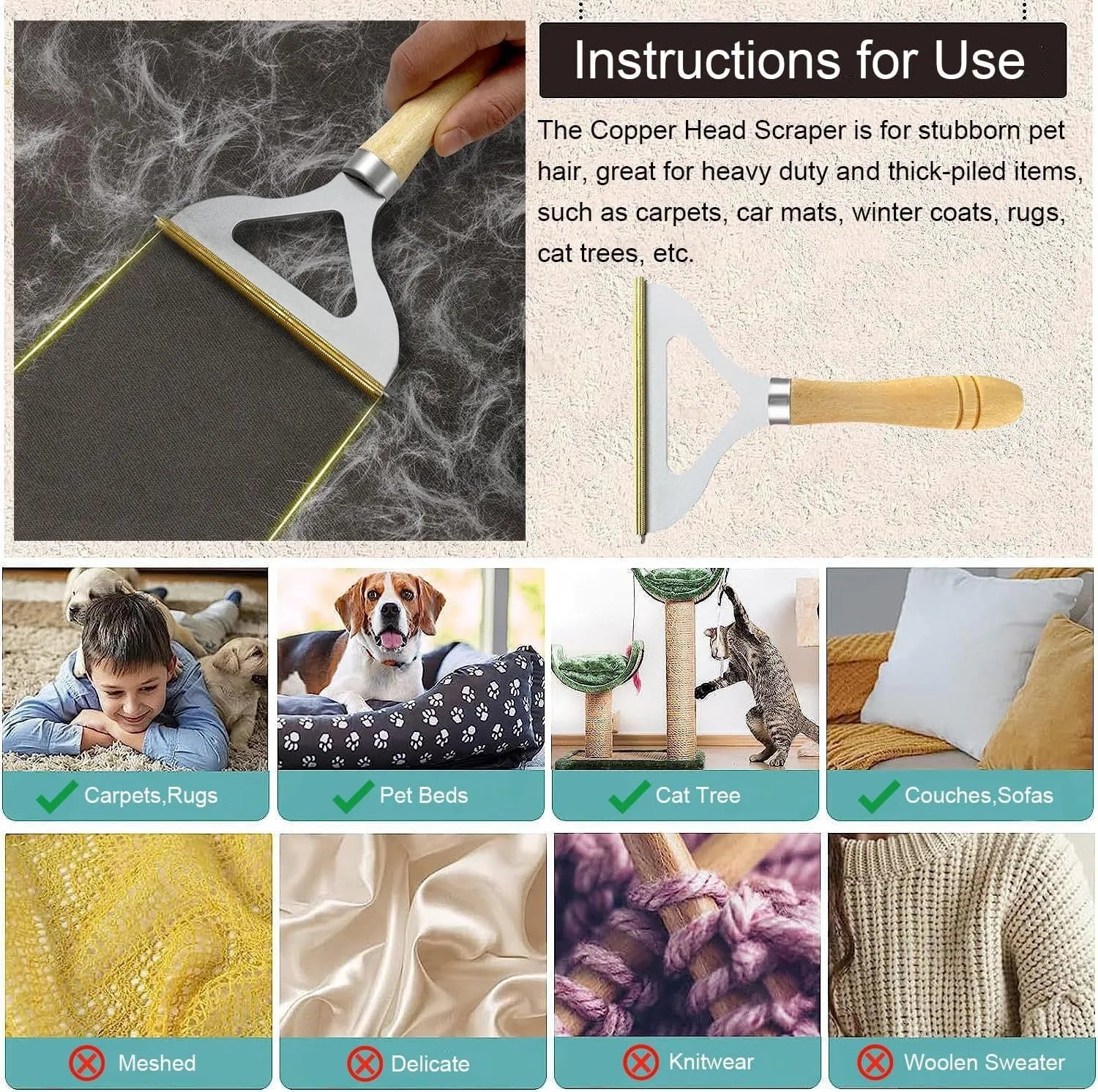 Three-piece pet hair remover set showing metal tool, silicone brush, and round ABS cleaner on a fabric surface.