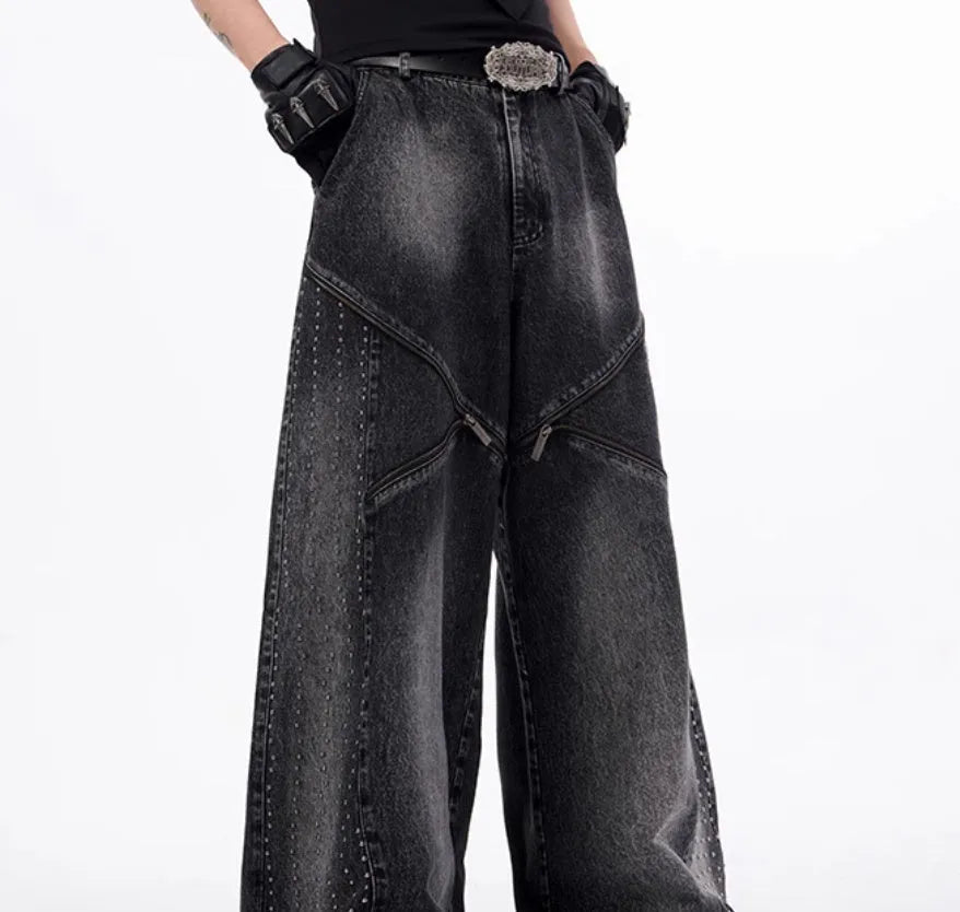 Korean style black and grey washed denim wide leg pants and matching waistcoat co-ord set