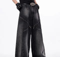 Korean style black and grey washed denim wide leg pants and matching waistcoat co-ord set