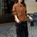 Women's suede-look coat in street chic style with regular sleeves in brown colour