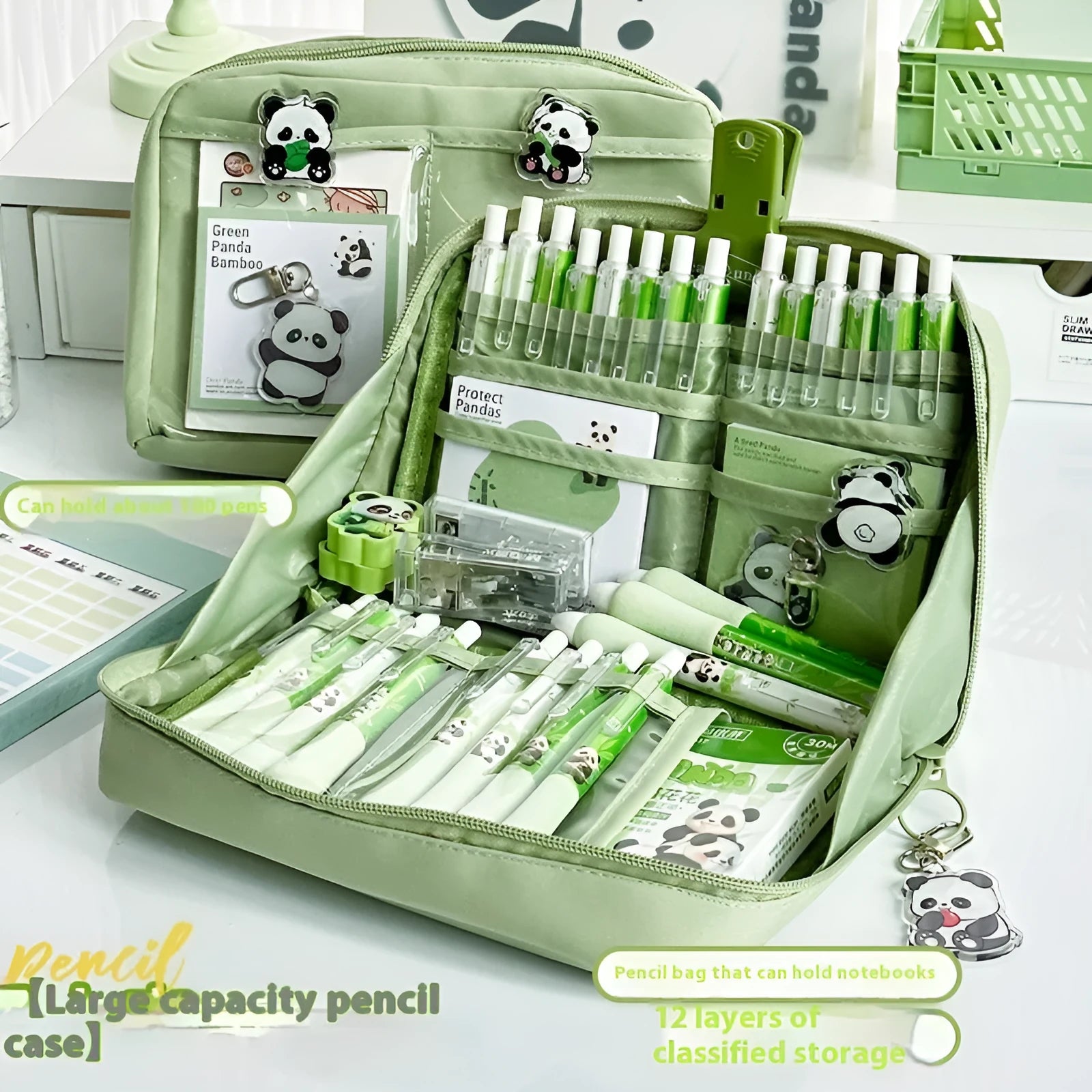 Green canvas panda pencil case with 12 zippered layers for stationery organisation