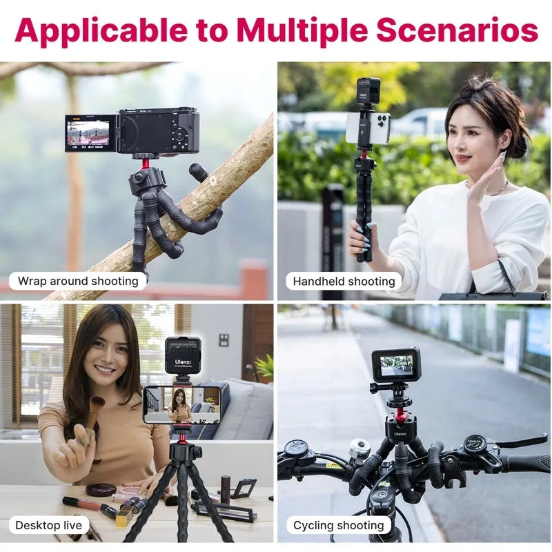 Compact aluminium tripod in folded and extended positions for smartphone vlogging.