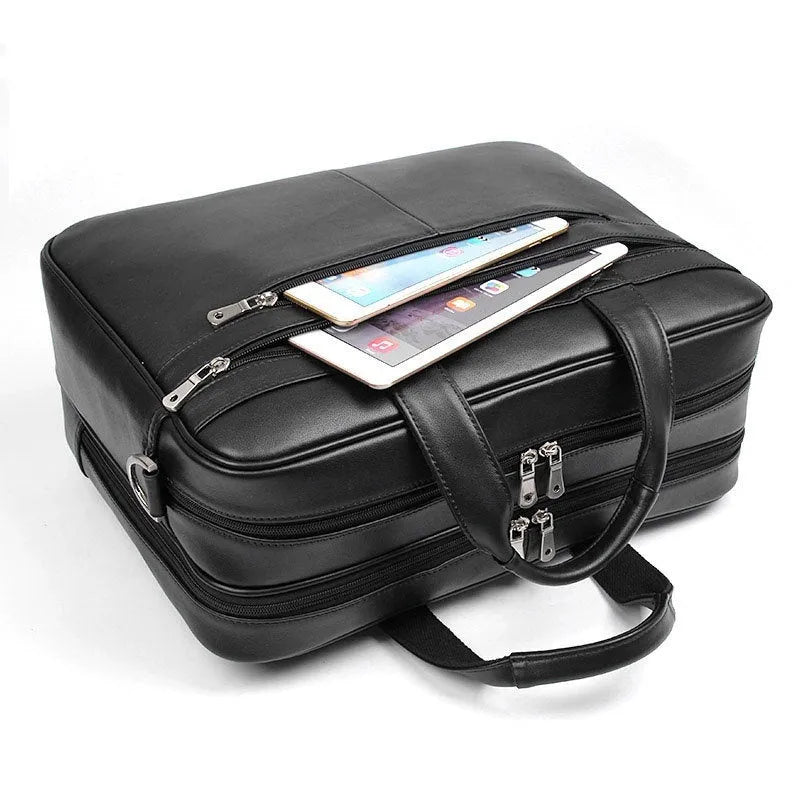 Genuine Nappa leather handbag briefcase for men, solid black, business travel bag