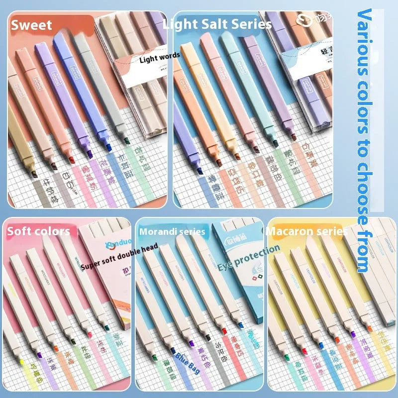 Set of six double-headed fluorescent highlighter pens with assorted barrel colours on a white surface.