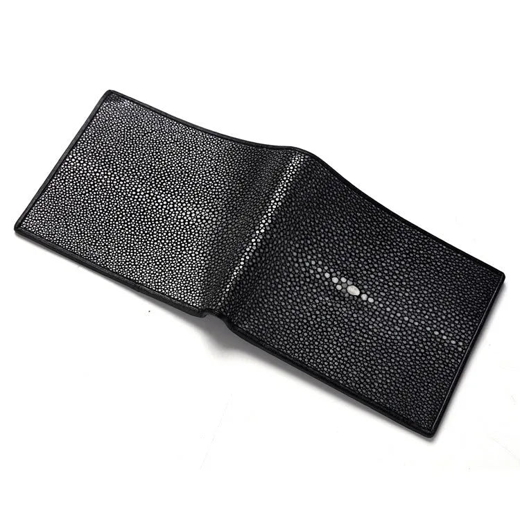 Genuine pearl fishskin cowhide leather wallet in a short horizontal square shape.