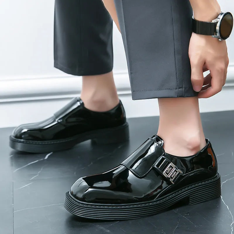 Men's glossy black platform loafers with hidden heel for summer wear