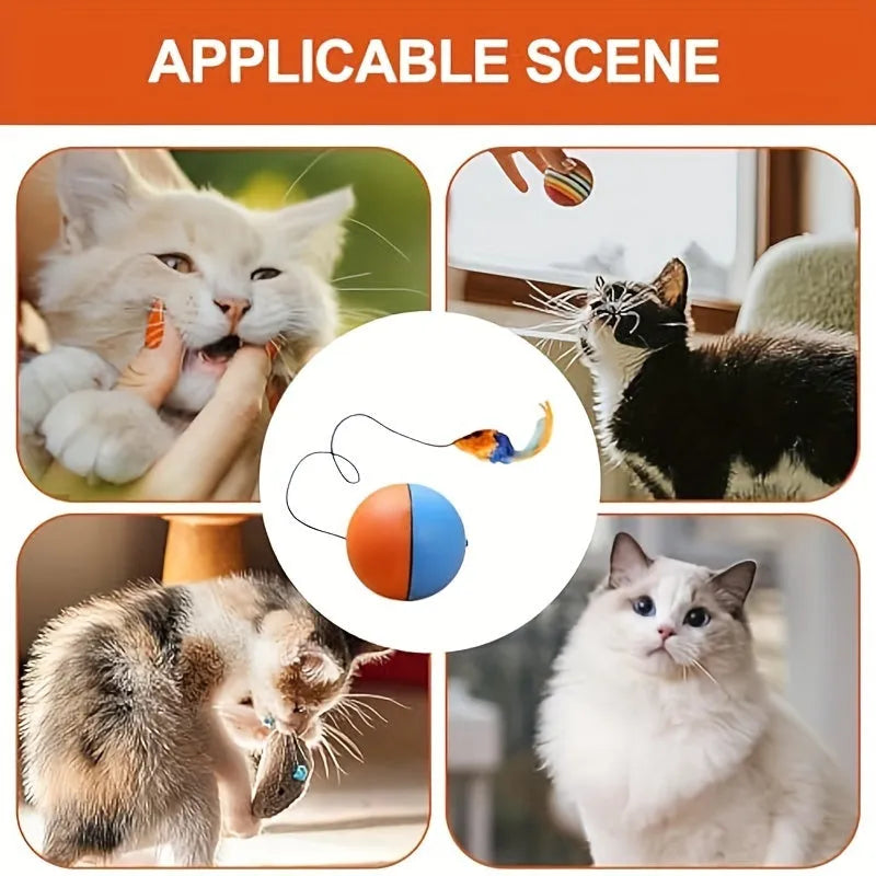 Interactive blue and orange plush mouse cat toy with feather teaser, 8.5cm diameter