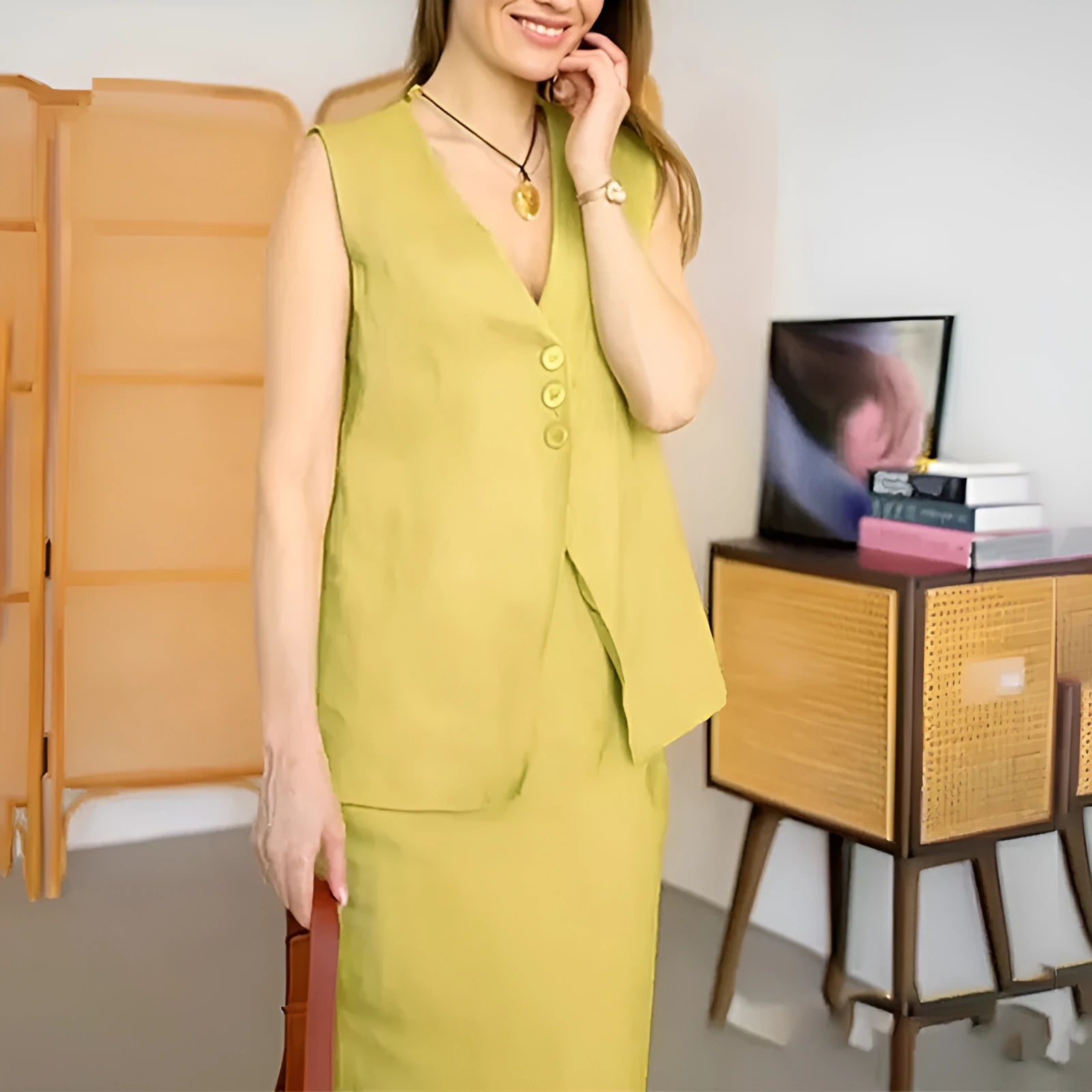 White casual women's two-piece set with sleeveless loose vest and long flowing skirt on a hanger.