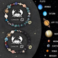 Two natural stone beaded bracelets showing a zodiac sign design on a neutral background.