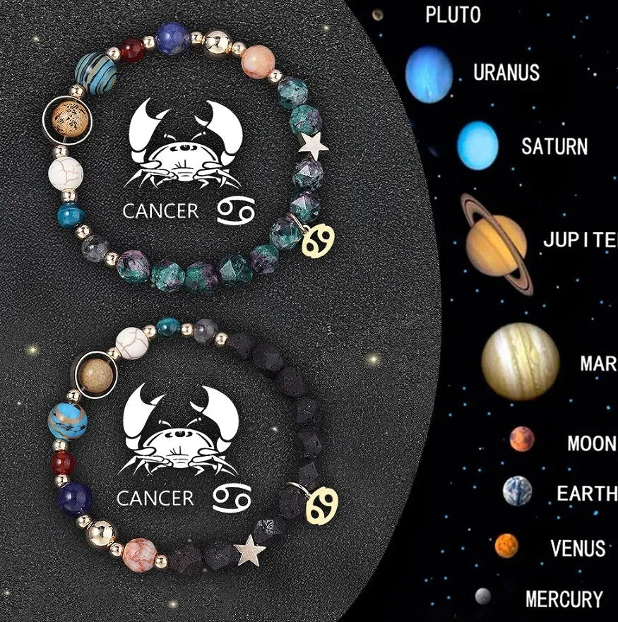 Two natural stone beaded bracelets showing a zodiac sign design on a neutral background.