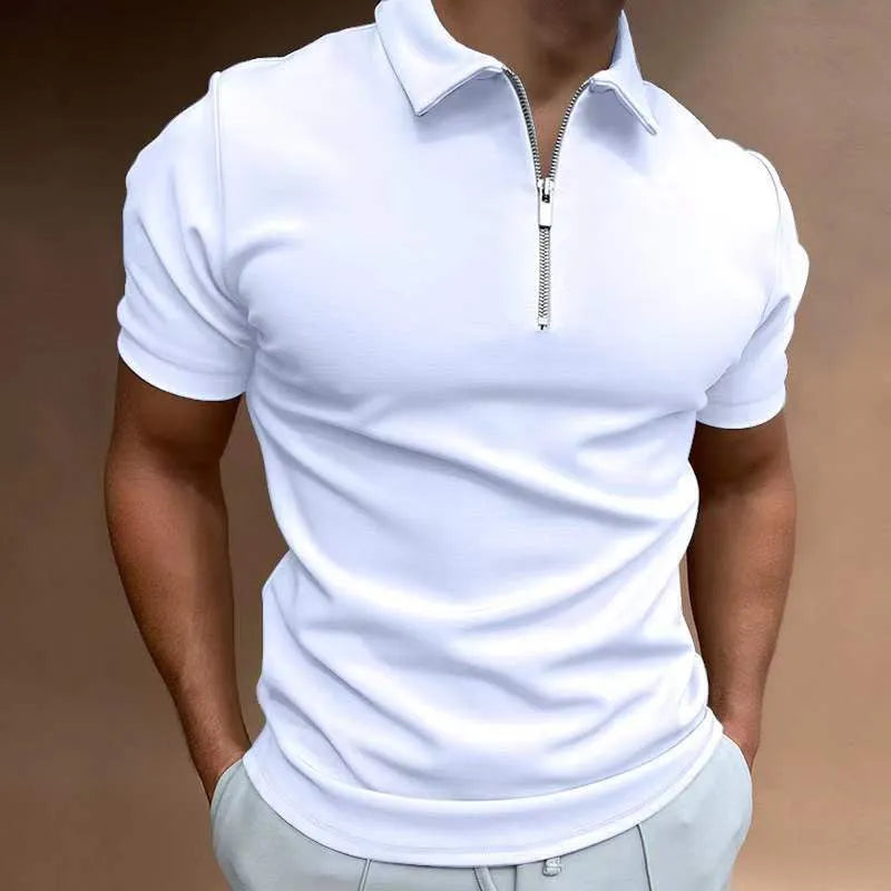 Men's casual short sleeve polo shirt with digital print design in loose fit, shown in multiple colours.
