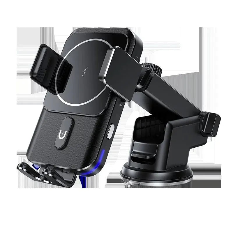 Black wireless charging car phone holder with 15W fast charging and clip or suction cup mount options.