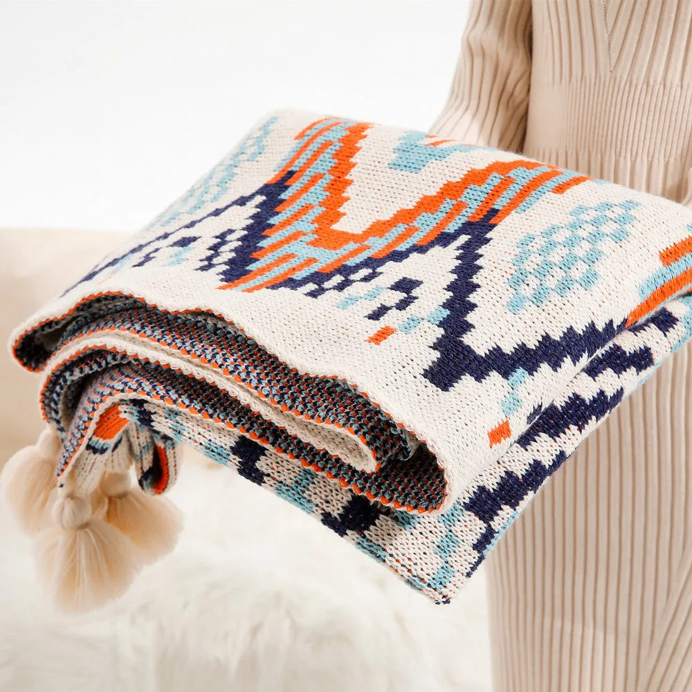 Bohemian-style acrylic sofa blanket with tassel fringe in geometric pattern colour option