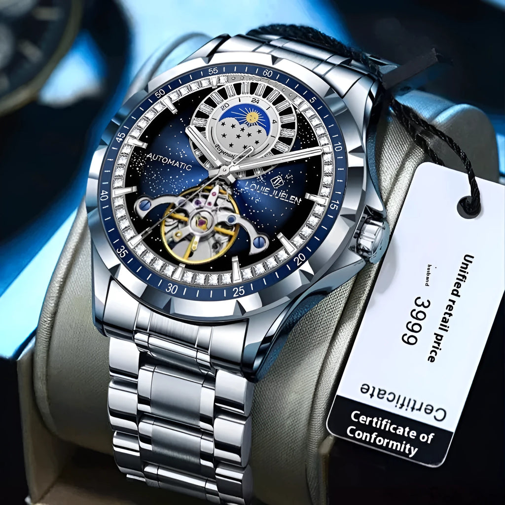 Men's silver alloy automatic watch with blue dial and stainless steel bracelet on wrist.