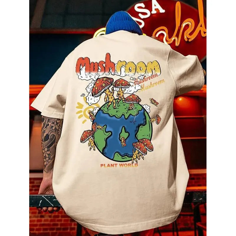 Men's short-sleeved printed streetwear T-shirt on a hanger, showing digital pattern design.