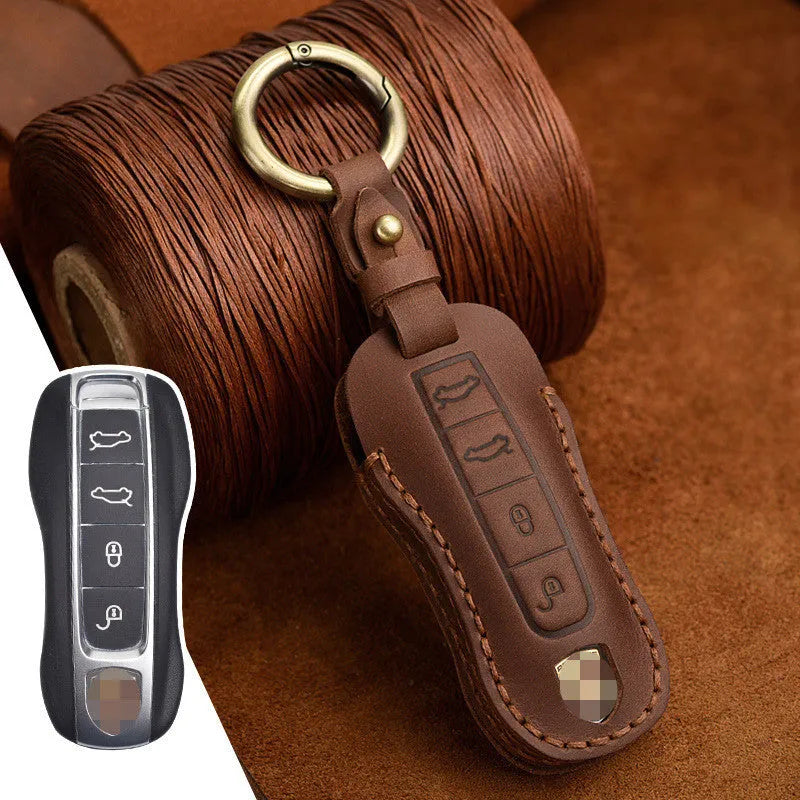 Authentic leather Porsche key cover with retro buckle in blue and brown colour options