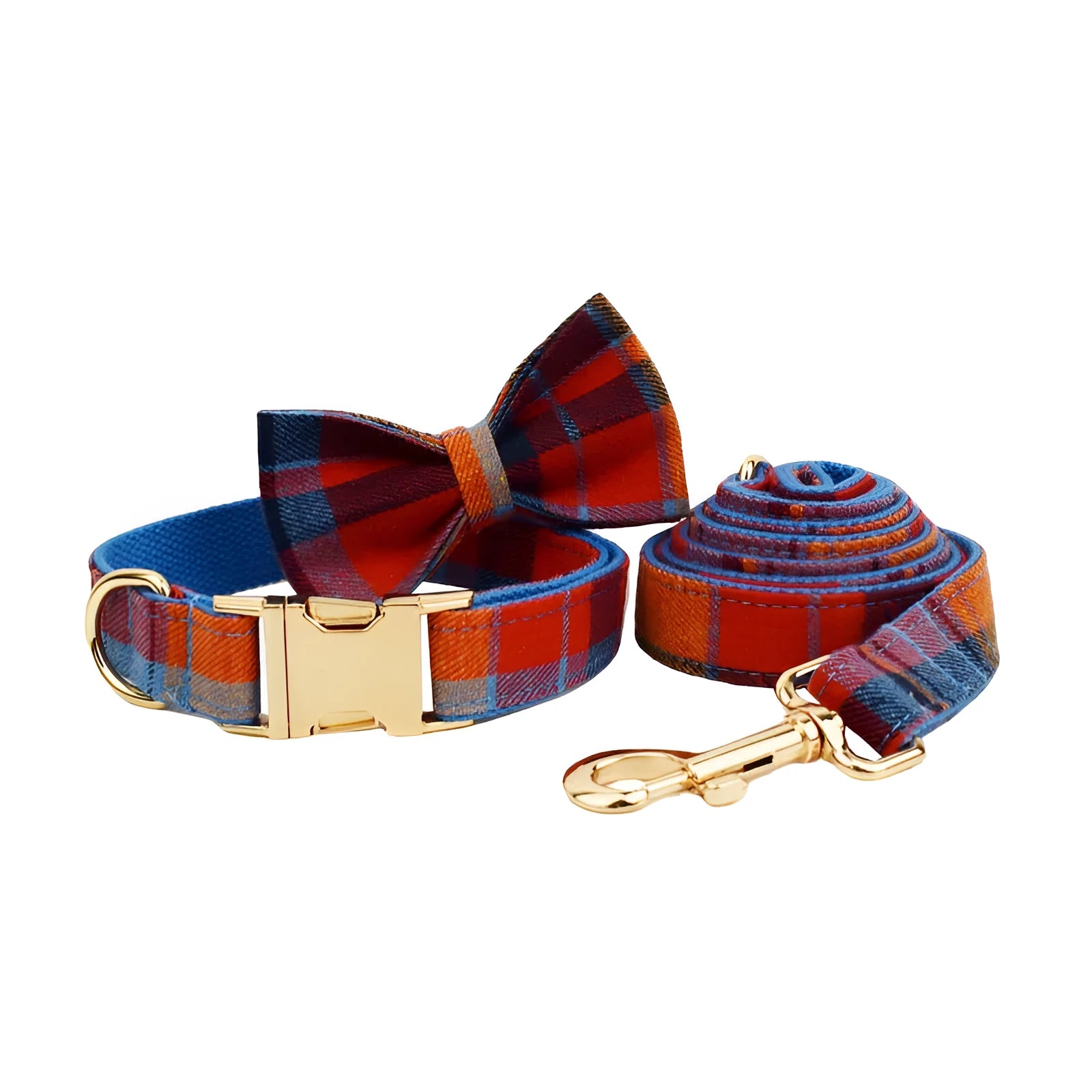 Blue velvet plaid cloth dog collar and leash set with optional bow accessory in XS to XL sizes
