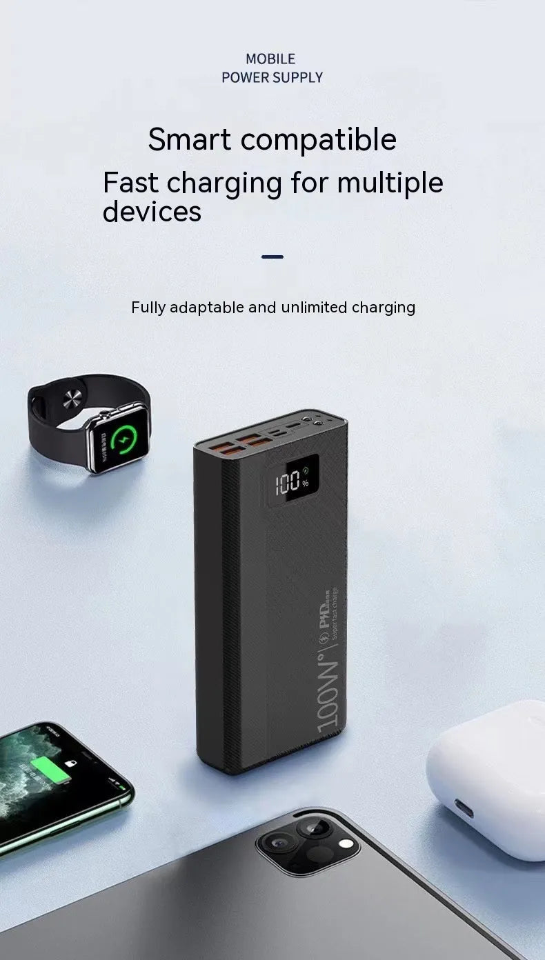 Large capacity power bank in black or white plastic casing with dimensions 150x76mm and multiple thickness options