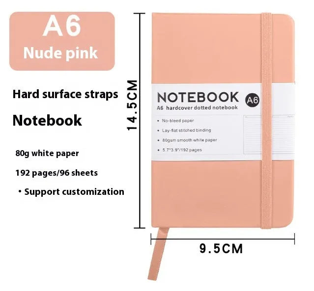 A5 soft touch PU leather notebook open on lined pages, shown in multiple colour options.