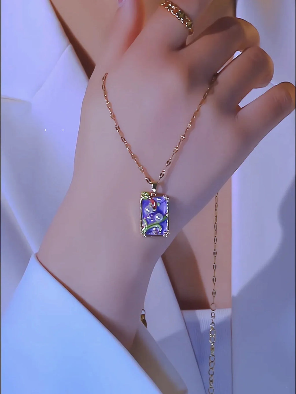 Pink vintage oil painting flower pendant necklace on titanium steel chain with copper pendant and electroplating finish