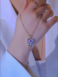 Pink vintage oil painting flower pendant necklace on titanium steel chain with copper pendant and electroplating finish