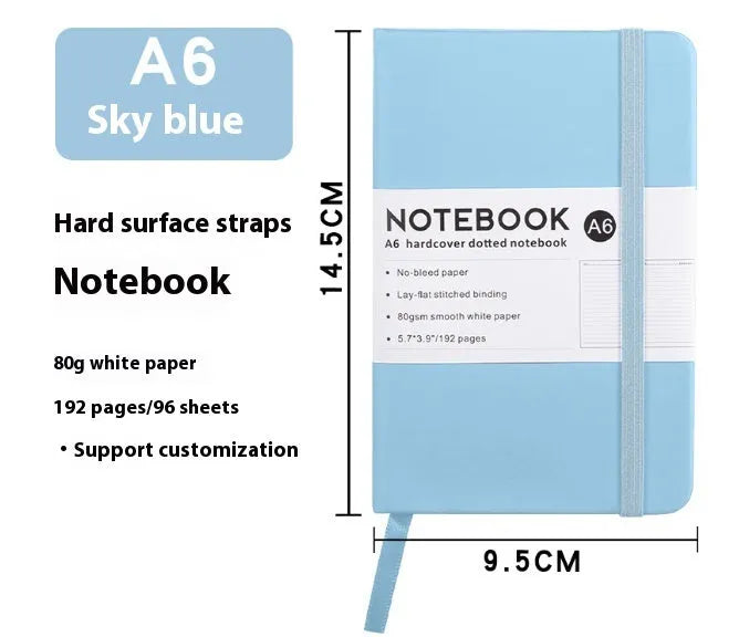 A5 soft touch PU leather notebook open on lined pages, shown in multiple colour options.