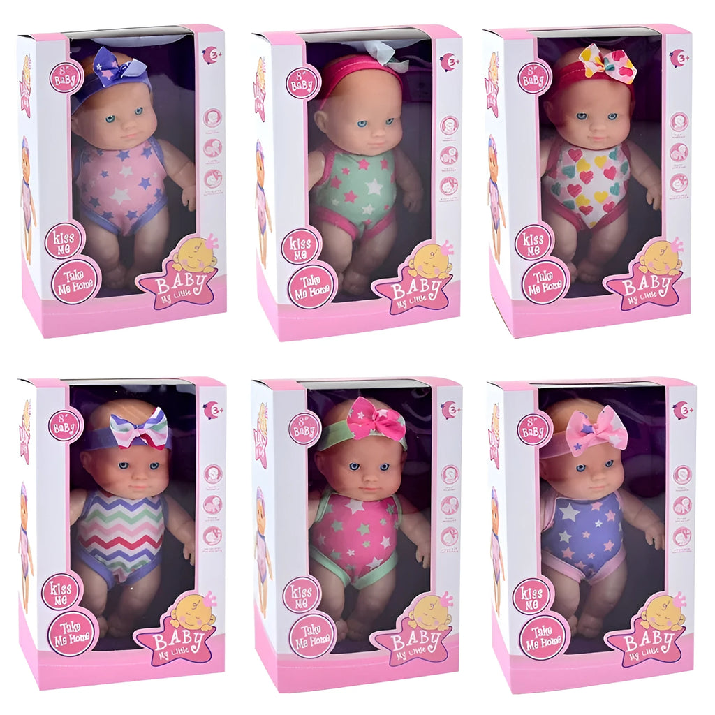 21.5 cm tall simulation baby vinyl doll figurine on display.
