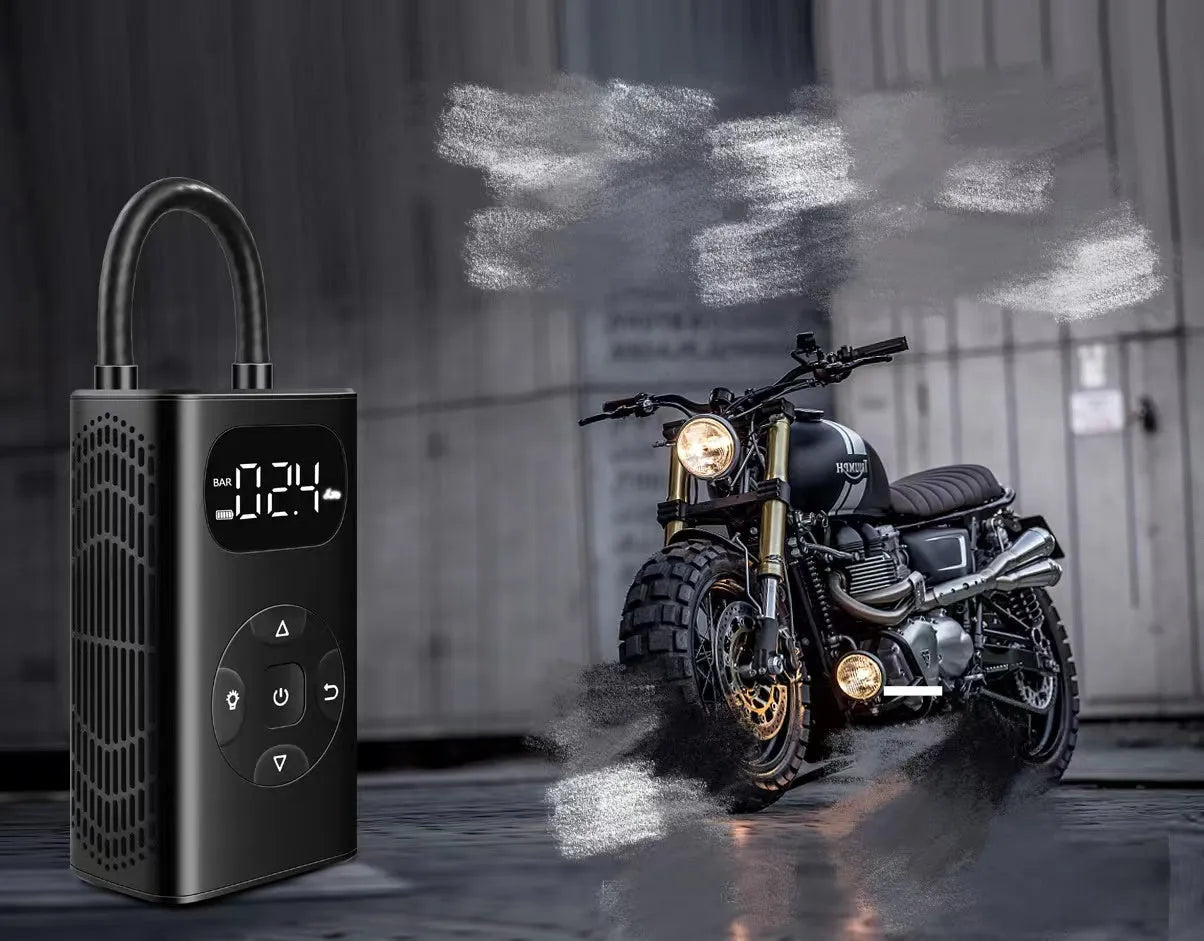 Black M09X portable tyre inflator power bank with USB cable and 16cm hose on grey background