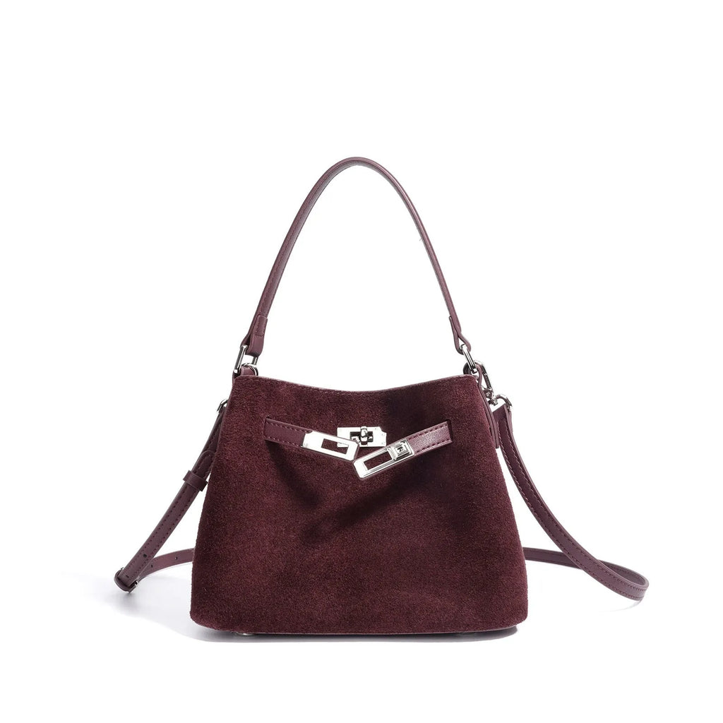 Cortical women's genuine leather crossbody bag with suede splice, vertical square shape, in brown solid colour