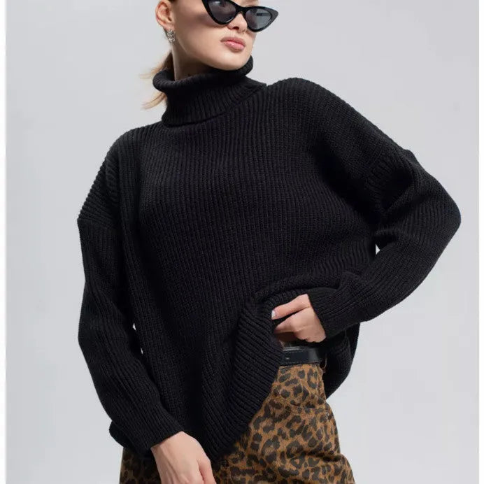 Women's thick imitation cashmere pullover sweater in loose fit with high neck and regular long sleeves