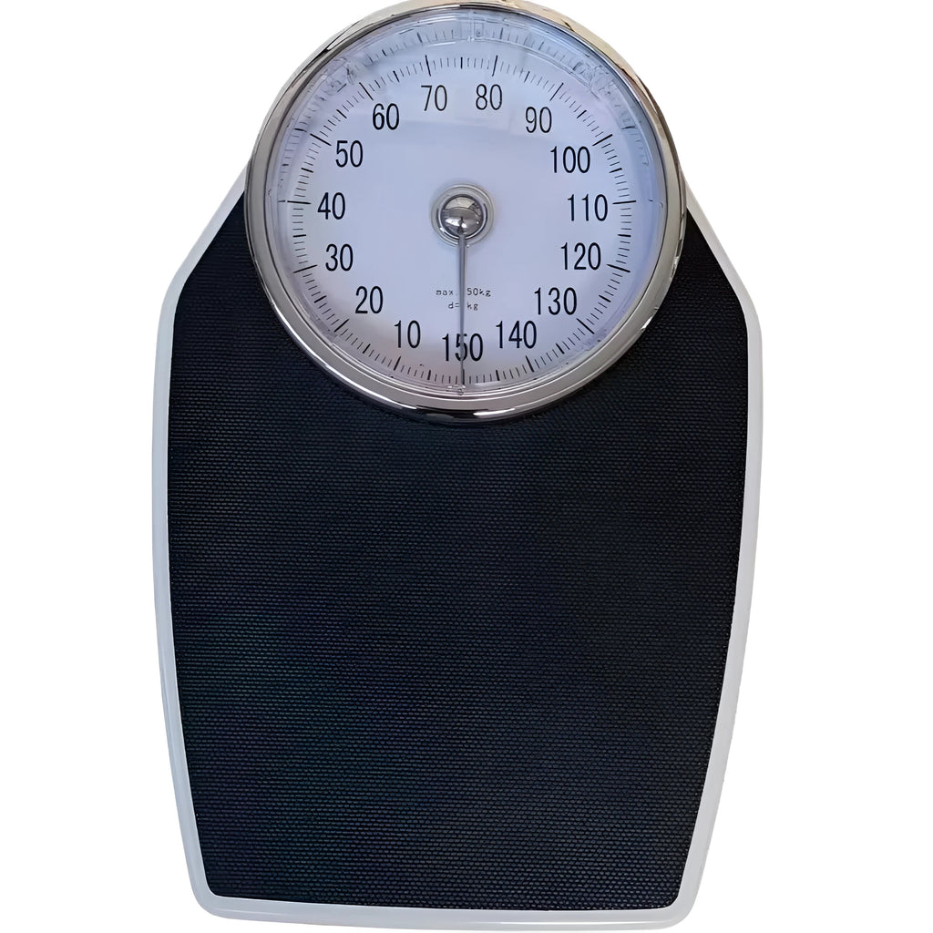Black mechanical bathroom weight scale with large dial on a 47x35cm platform.