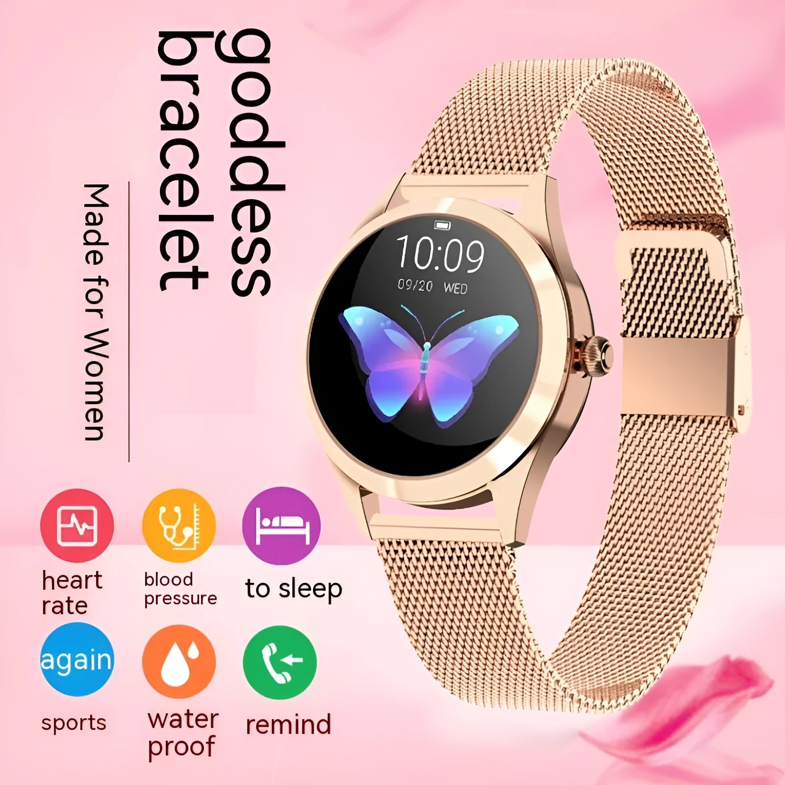 Women's sports smartwatch with heart rate monitoring in black rose gold silver white colour options