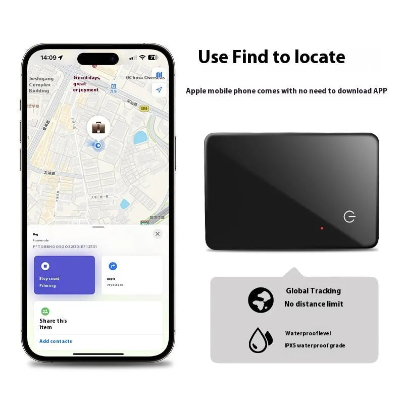 Black plastic pet tracker with wireless charging and NFC, card dimensions 85x54mm