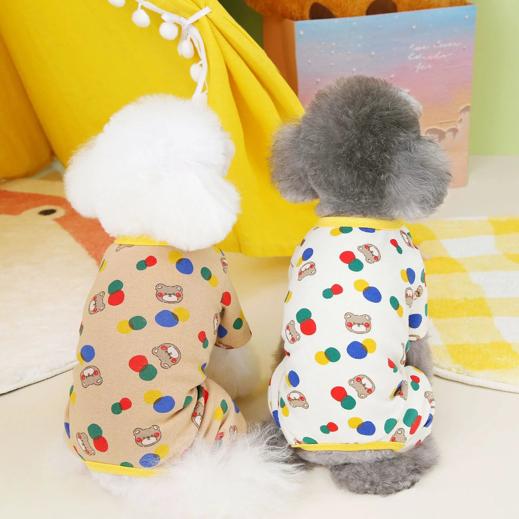 Dog wearing colourful ball bear costume in beige cotton spandex blend fabric