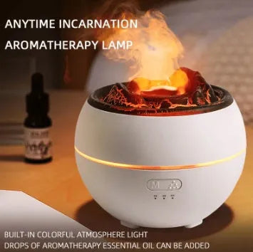 White round desktop flame aroma diffuser and humidifier with USB plug on a wooden table.