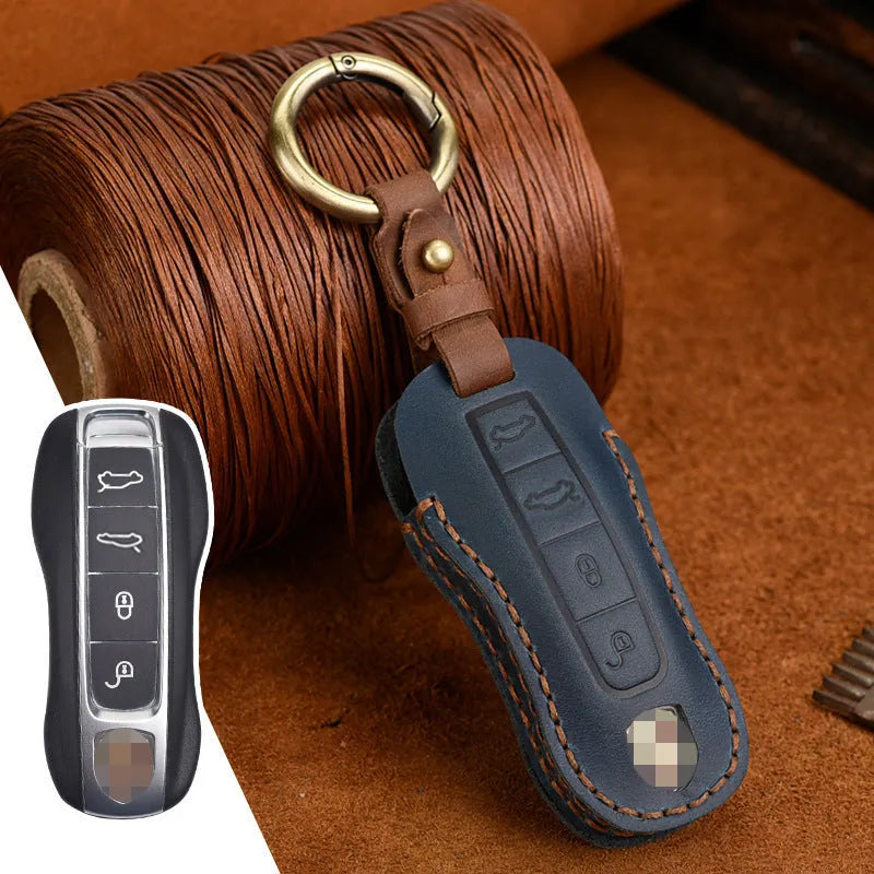 Authentic leather Porsche key cover with retro buckle in blue and brown colour options