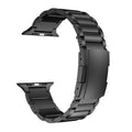 Titanium Apple Watch replacement strap with folding buckle in black and silver options