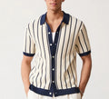 Men's white ice silk knitted short sleeve shirt with lapel collar and asymmetric styling