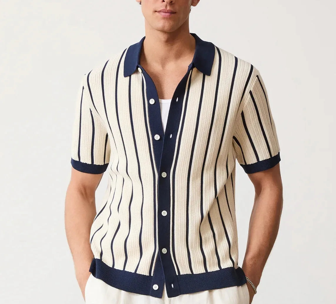 Men's white ice silk knitted short sleeve shirt with lapel collar and asymmetric styling