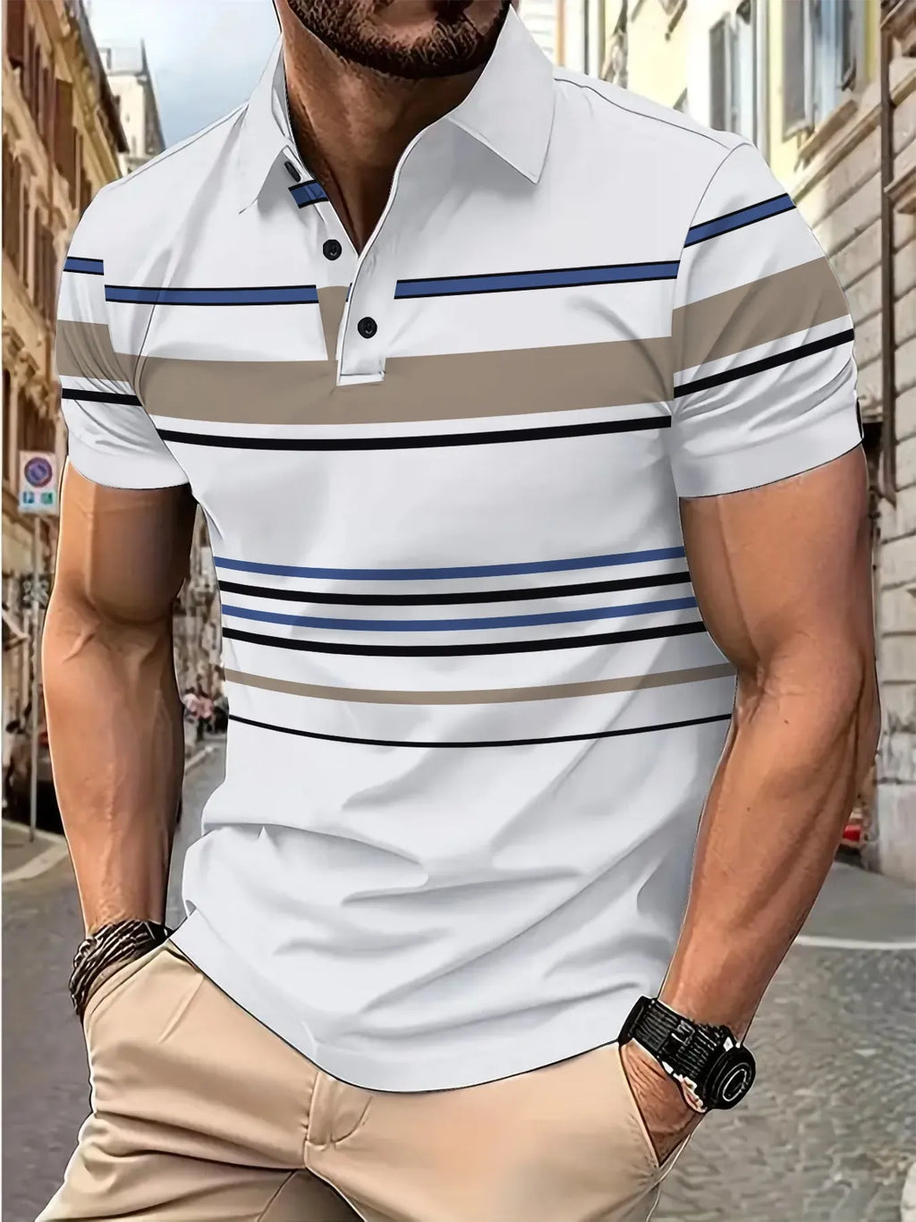 Men's white striped short sleeve polyester t-shirt laid flat showing slim fit style