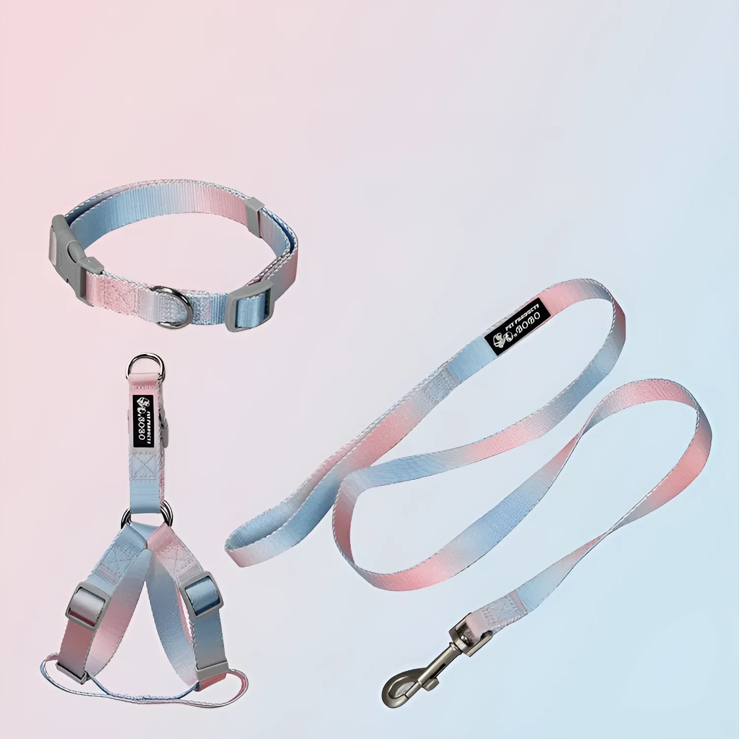 Gradient colour nylon dog leash set with collar or harness attachment options