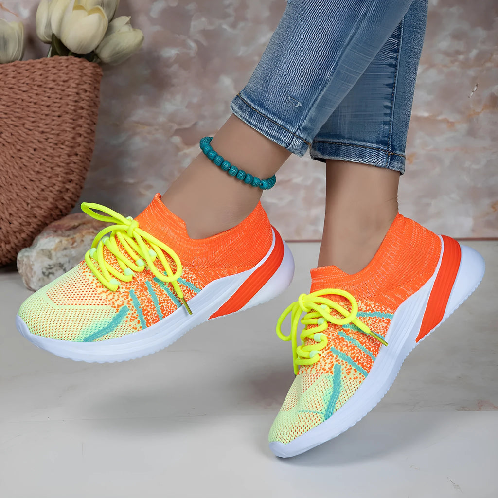 Women's lace-up breathable mesh sports shoes in colour-block design for running and walking