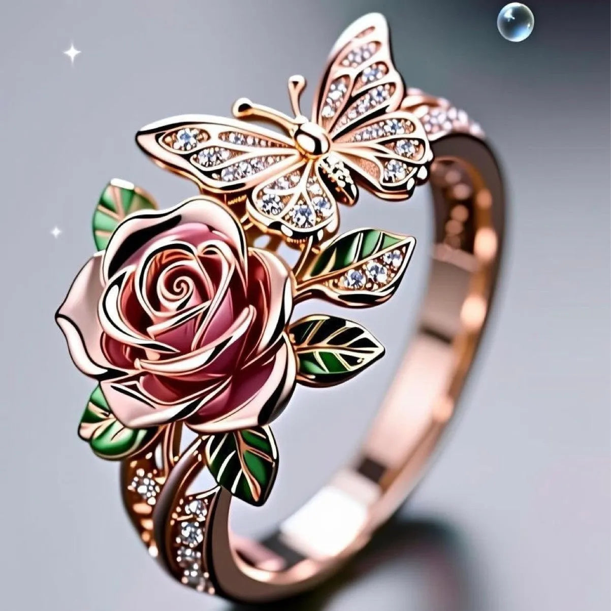 Adjustable butterfly personality ring with colourful oil drip treatment and floral motifs on alloy metal