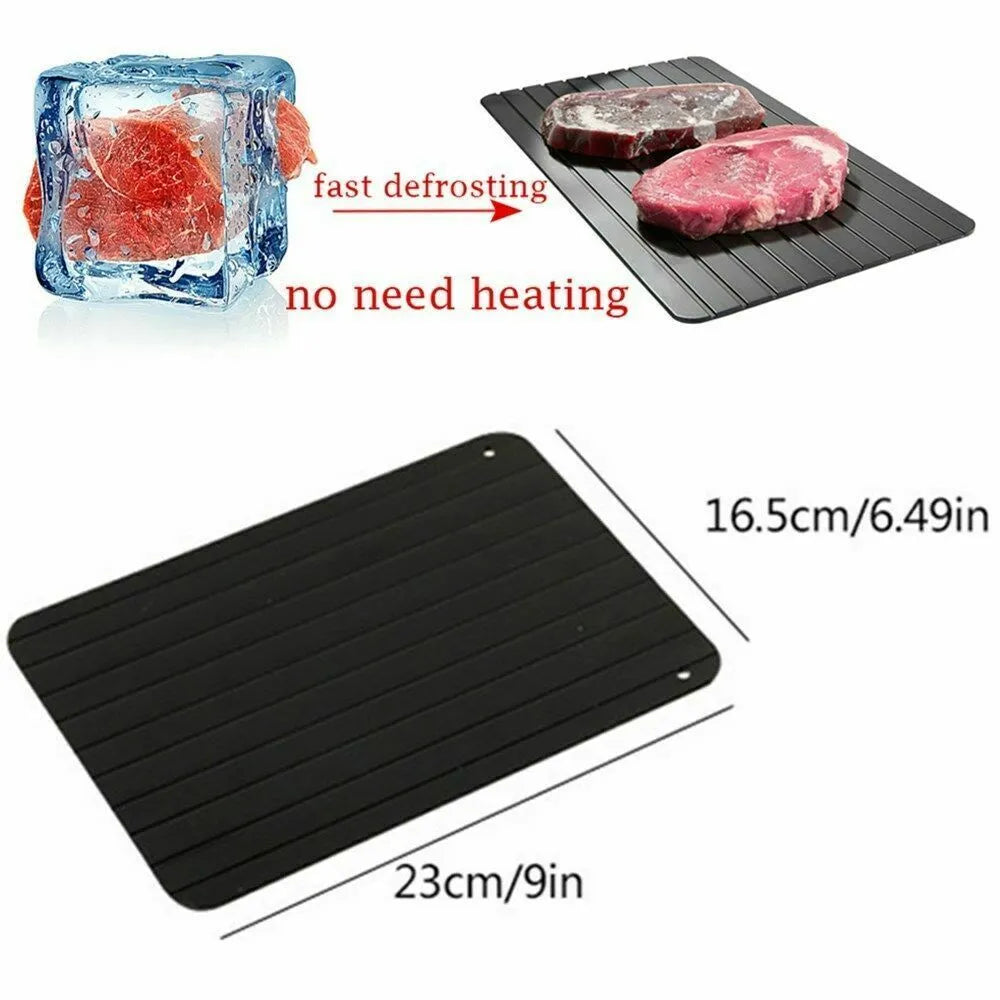 Black aluminium fast defrosting tray for kitchen use measuring approximately 23cm by 16.5cm