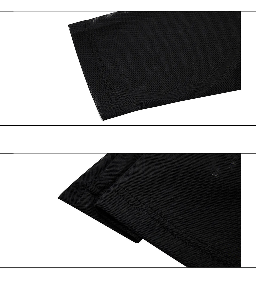 Man wearing a black slim fit long sleeve ice-feel top made from polyester and spandex blend.