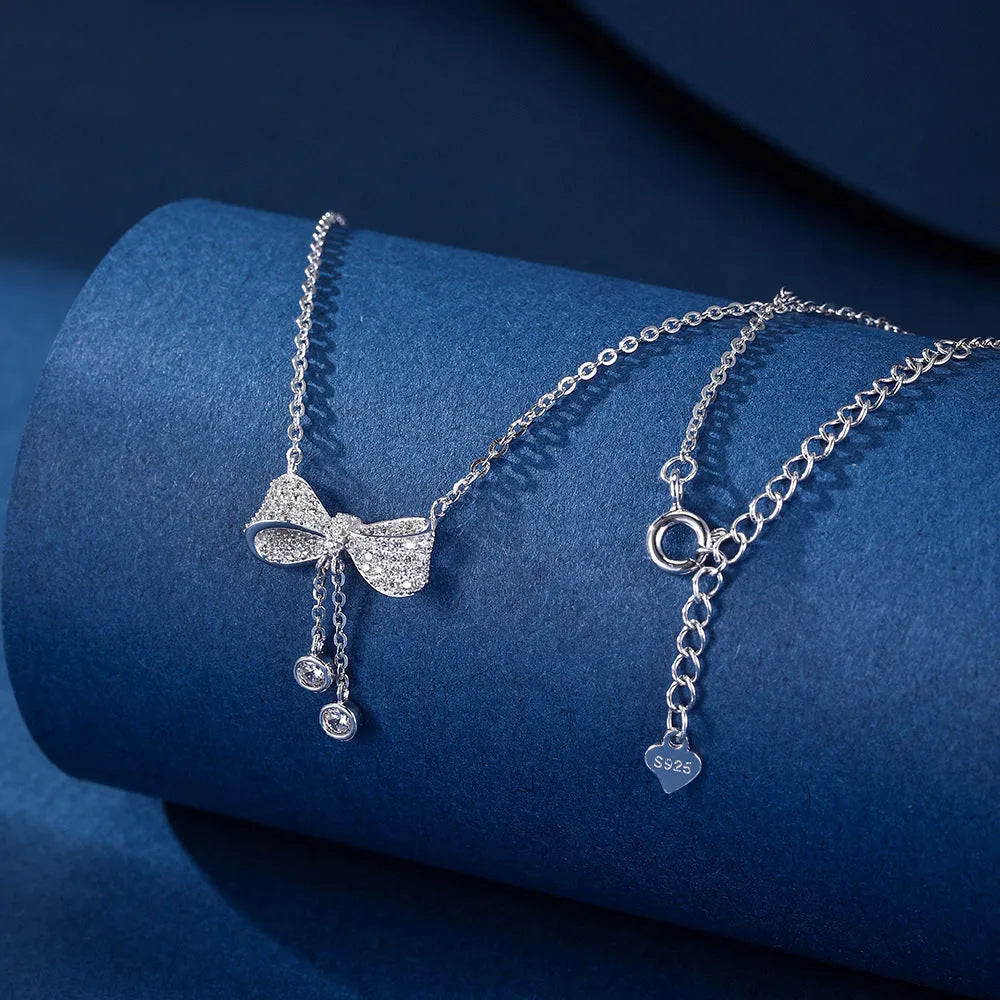 S925 sterling silver clavicle chain necklace with bow pendant on adjustable 40cm-45cm chain