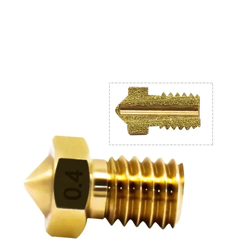 Brass 3D printer nozzle with M6 thread, shown with selection of outlet aperture sizes from 0.2mm to 1.0mm.