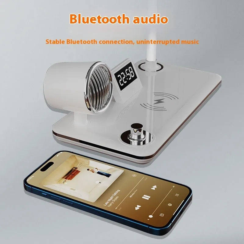 Intelligent wireless charging lamp with digital clock display on desk in black colour
