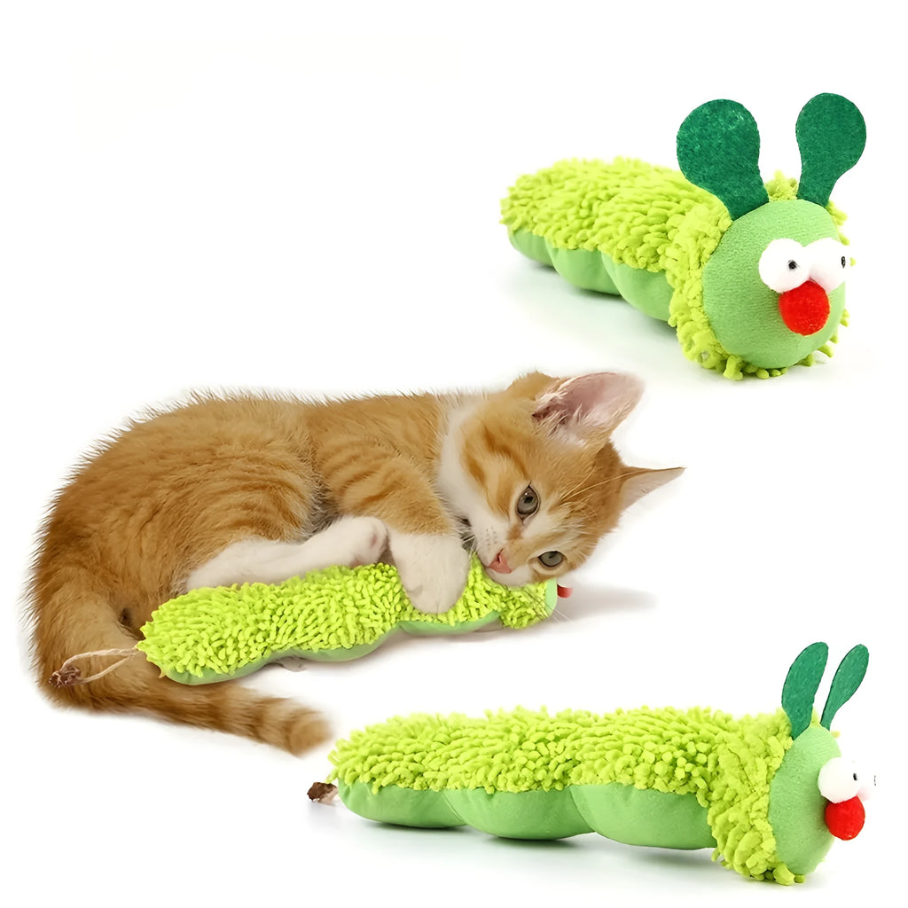Green plush interactive cat toy pillow with electronic vibration and sound features for indoor play