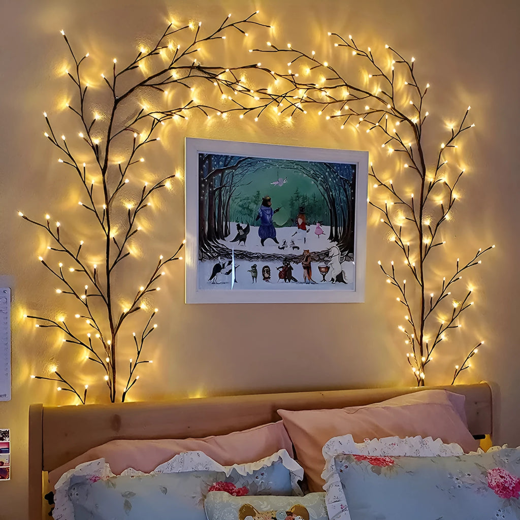 Flexible LED willow vine garland with 144 warm white lights and birch bark texture